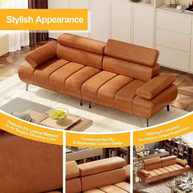 86 Faux Leather Futon Sofa Bed, 3-Seater Convertible Loveseat with Adjustable Backrest & 6-Position Headrest, for Living Room