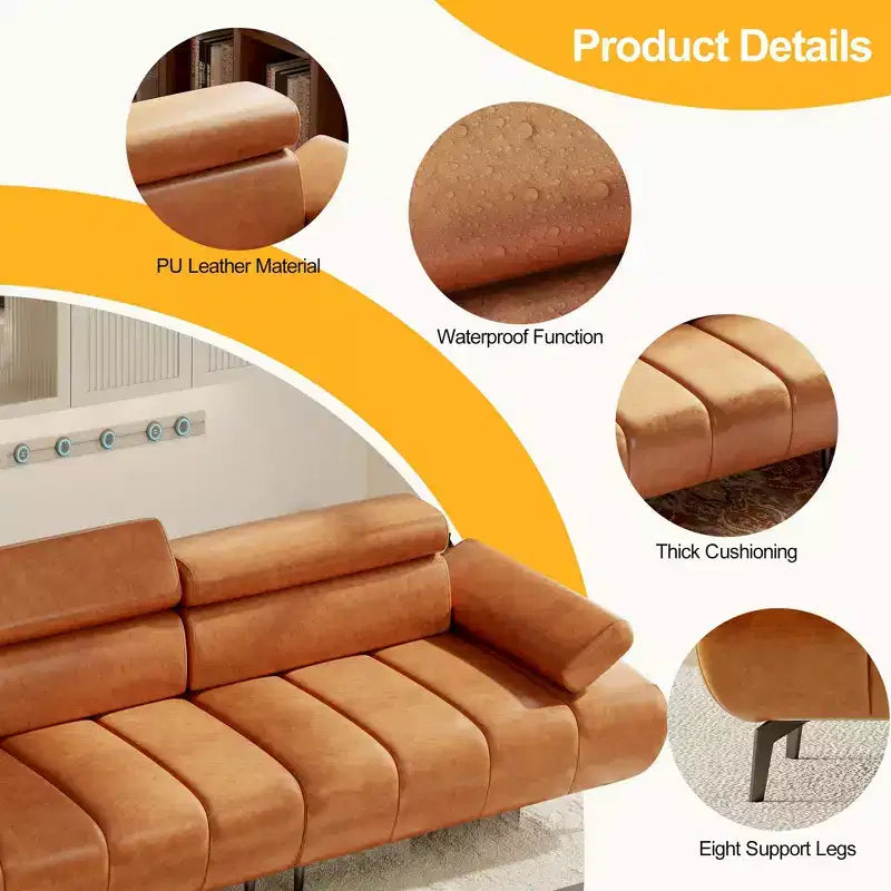 86 Faux Leather Futon Sofa Bed, 3-Seater Convertible Loveseat with Adjustable Backrest & 6-Position Headrest, for Living Room