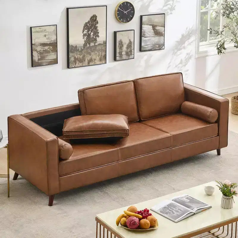 Canapé en Cuir Marron, Canapé Moderne du Milieu du Siècle de 83 po, Canapé 3 Places avec Accoudoirs et Coussins Confortables, Canapés Profonds en Similicuir pour Salon, Chambre, Bureau