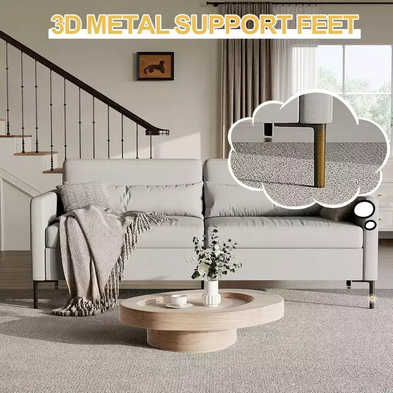 Canapé confortable de 80 po, canapé 3 places avec pieds en métal, canapé à assise profonde avec tissu de lin beige, canapé moderne pour salon, appartement, bureau, beige