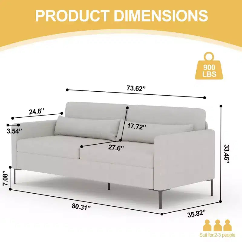 Canapé confortable de 80 po, canapé 3 places avec pieds en métal, canapé à assise profonde avec tissu de lin beige, canapé moderne pour salon, appartement, bureau, beige