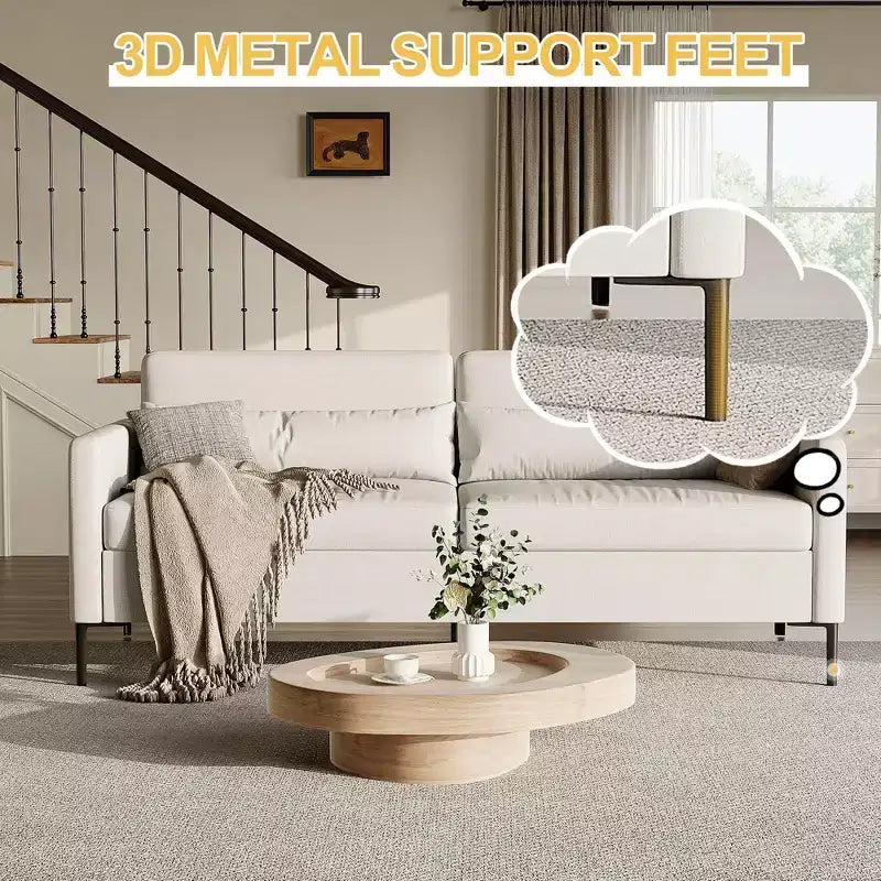 Canapé confortable de 80 po, canapé 3 places avec pieds en métal, canapé à assise profonde avec tissu de lin beige, canapé moderne pour salon, appartement, bureau, beige