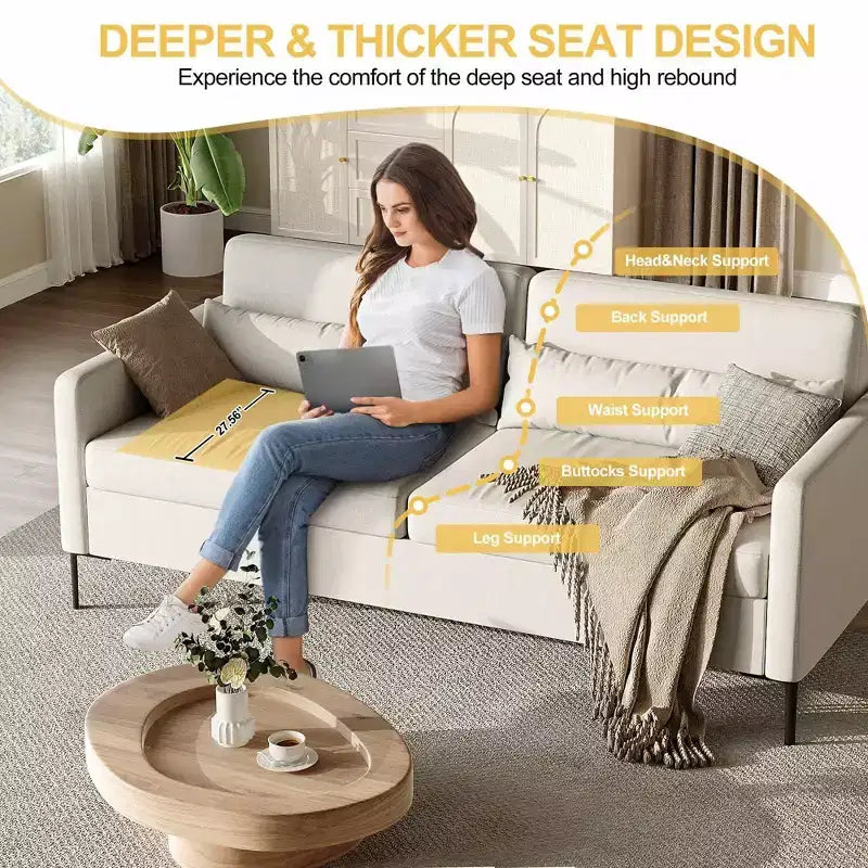 Canapé confortable de 80 po, canapé 3 places avec pieds en métal, canapé à assise profonde avec tissu de lin beige, canapé moderne pour salon, appartement, bureau, beige
