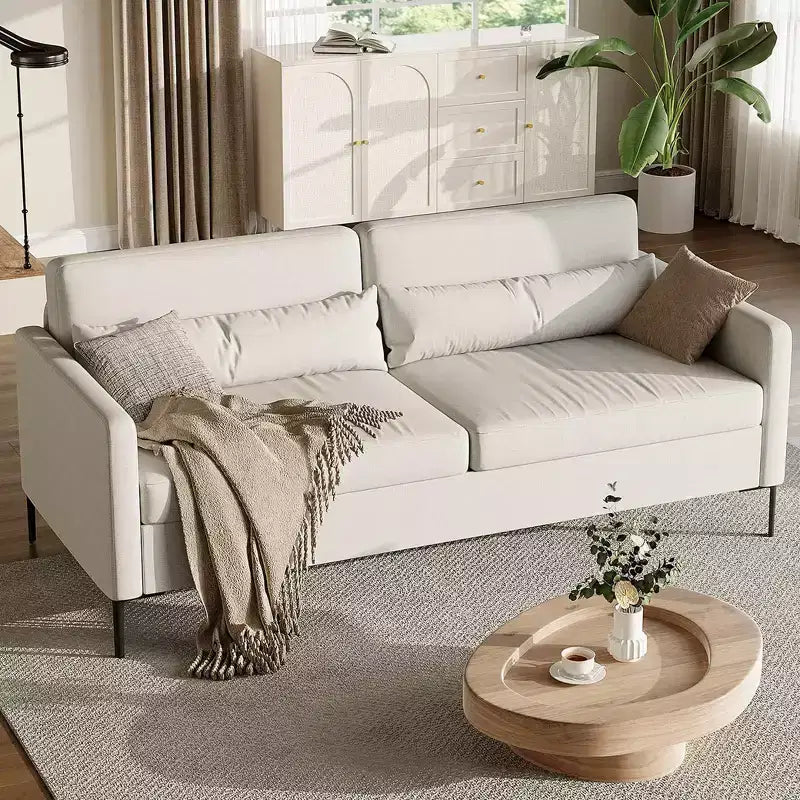 80in Comfy Couch, 3 Seater Sofa with Metal Legs, Deep Seat Sofa with Beige Linen Fabric Modern Sofa Couch for Living Room, Apparment, Office, Beige