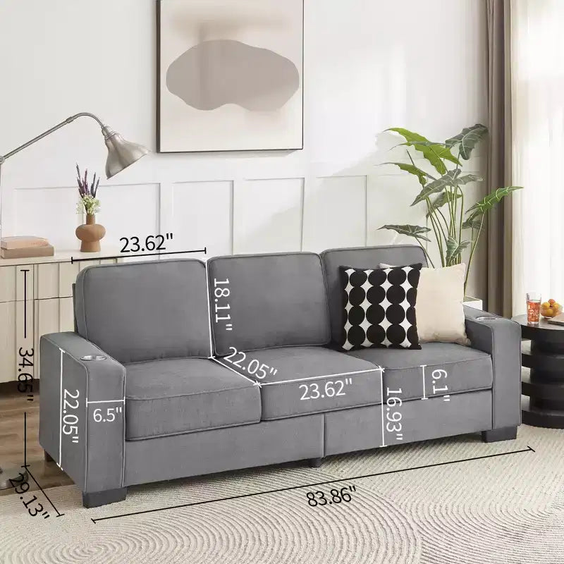 MAYEERTY 83.86 inch Modern Snowfleece Fabric Sofa with 3 Seater for Living Room Bedroom Office Gray