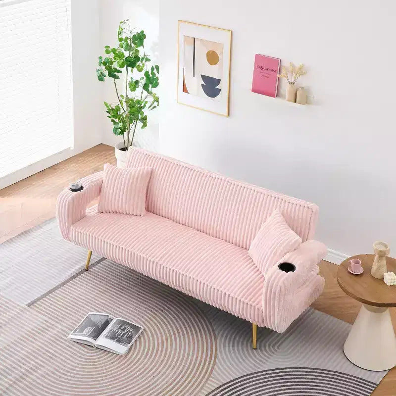 MAYEERTY Straight Corduroy Sofa Bed with Pillows Adjustable in The Three Levels for Use In Living Room Pink