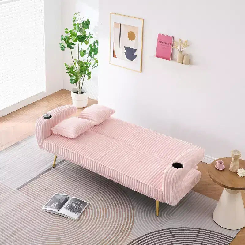 MAYEERTY Straight Corduroy Sofa Bed with Pillows Adjustable in The Three Levels for Use In Living Room Pink