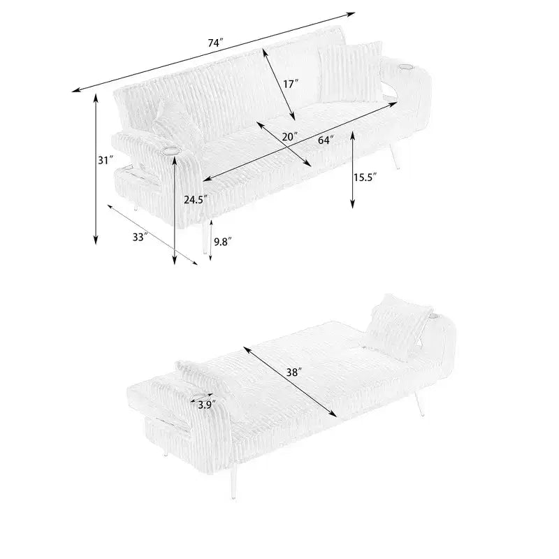MAYEERTY Straight Corduroy Sofa Bed with Pillows Adjustable in The Three Levels for Use In Living Room Pink