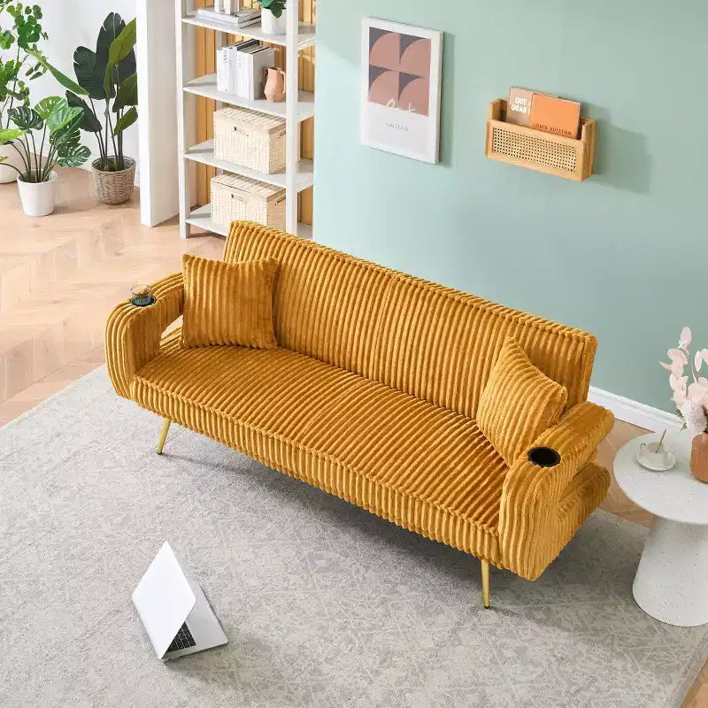 MAYEERTY Canapé-Lit Droit en Velours Côtelé avec Oreillers Réglable sur Trois Niveaux pour Utilisation dans le Salon Orange