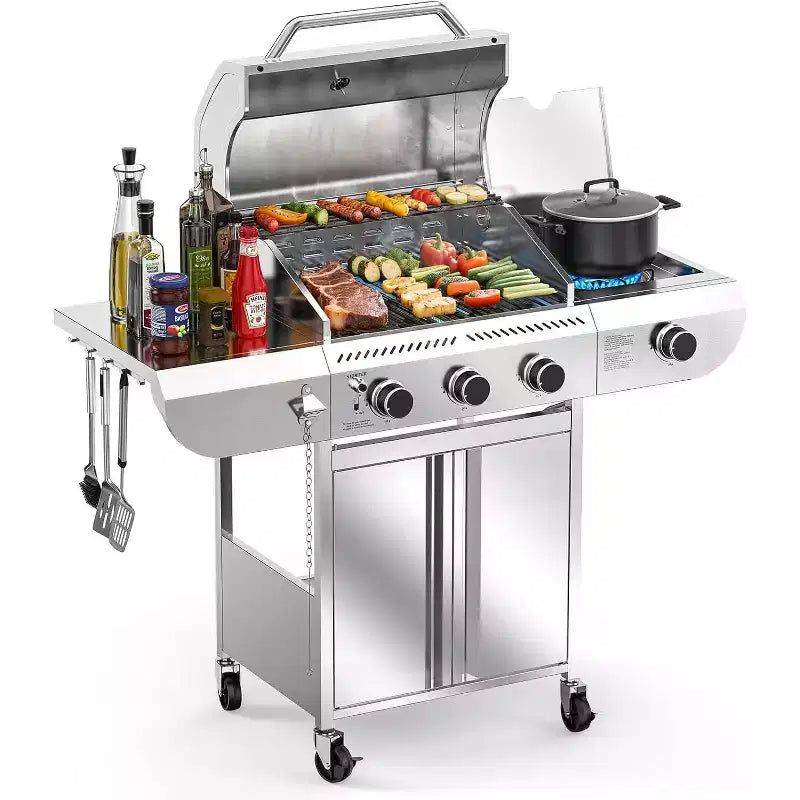 ZAFRO 3-Burner Propane Gas Grill with Side Burner 34,000 BTU Stainless Steel Outdoor BBQ Grill, Cast Iron Grates, Portable for Patio, Camping