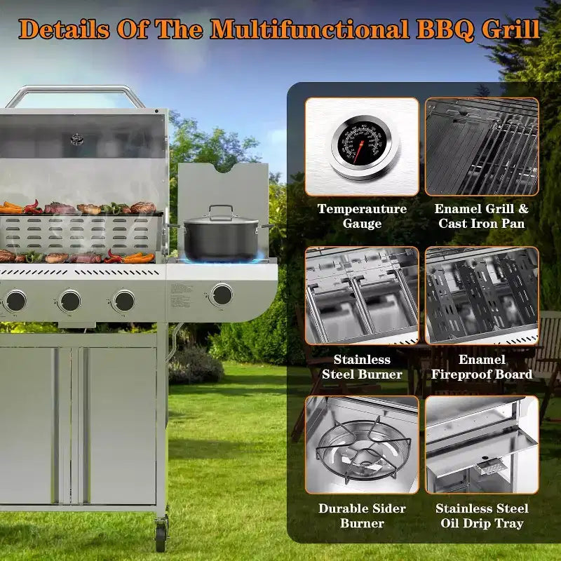 Barbecue à gaz propane 3 brûleurs ZAFRO avec brûleur latéral 34 000 BTU, en acier inoxydable, grilles en fonte, portable pour patio, camping