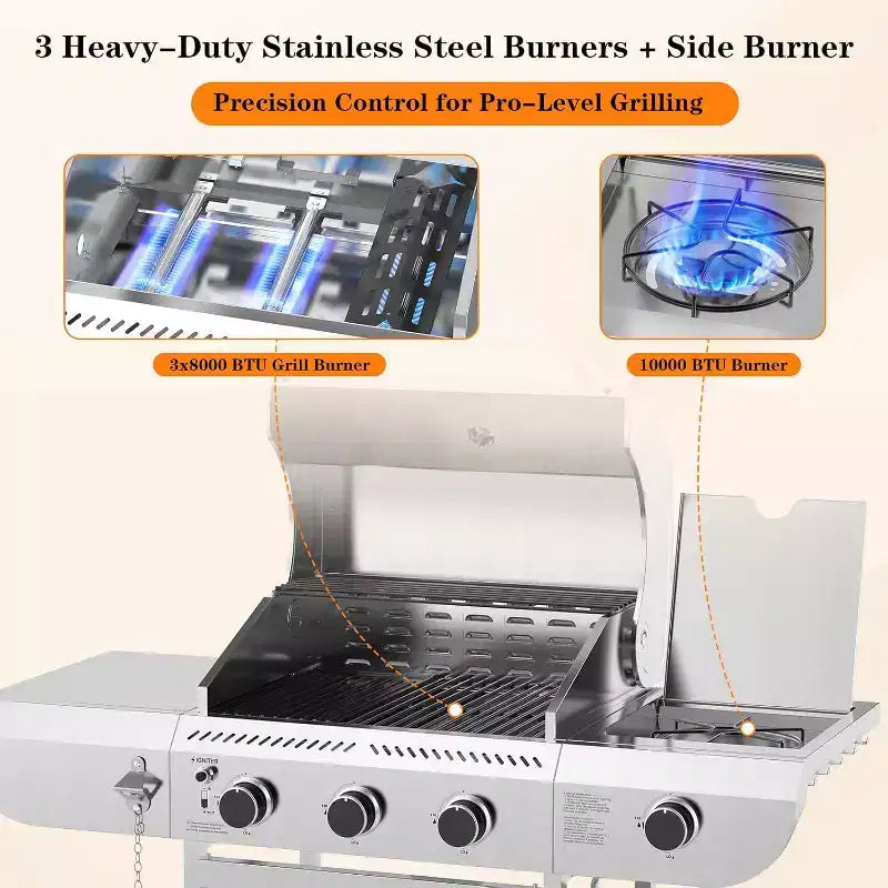 Barbecue à gaz propane 3 brûleurs ZAFRO avec brûleur latéral 34 000 BTU, en acier inoxydable, grilles en fonte, portable pour patio, camping