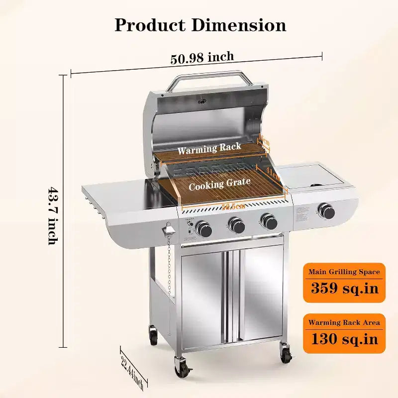 Barbecue à gaz propane 3 brûleurs ZAFRO avec brûleur latéral 34 000 BTU, en acier inoxydable, grilles en fonte, portable pour patio, camping
