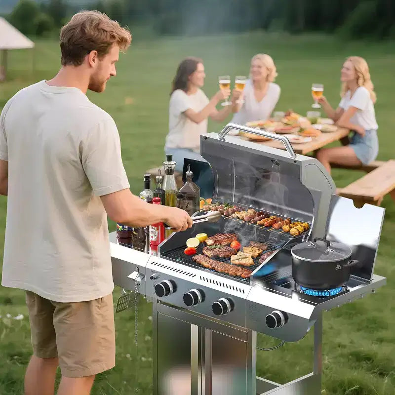 Barbecue à gaz propane 3 brûleurs ZAFRO avec brûleur latéral 34 000 BTU, en acier inoxydable, grilles en fonte, portable pour patio, camping