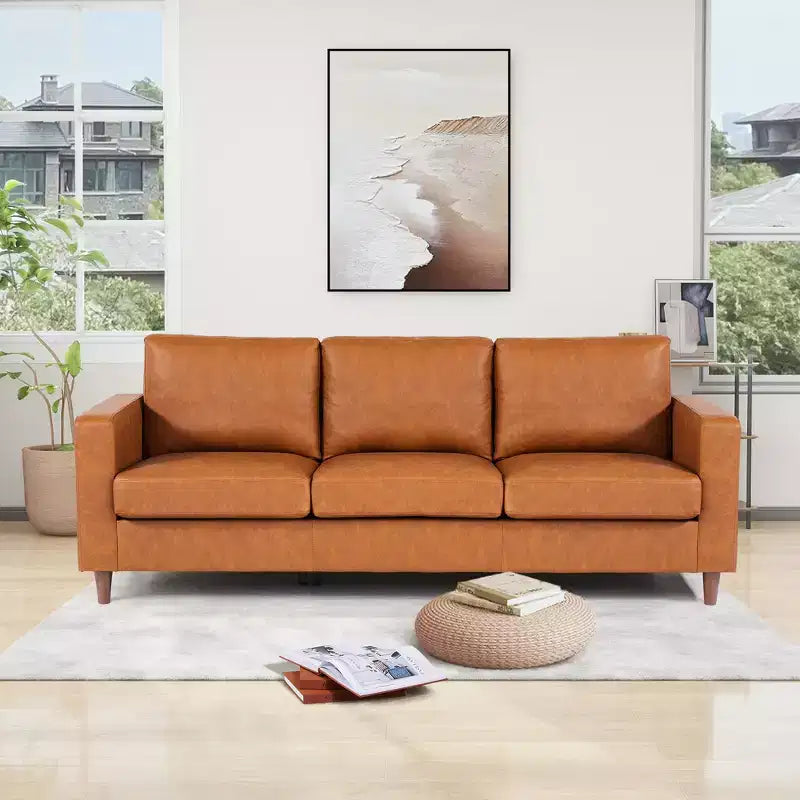 83 Inch Brown Leather Sofa - Mid-Century Modern Couch, 3-Seater Sofa with Armrests, Comfy Cushions, PU Deep Seat Sofa for Living Room, Bedroom