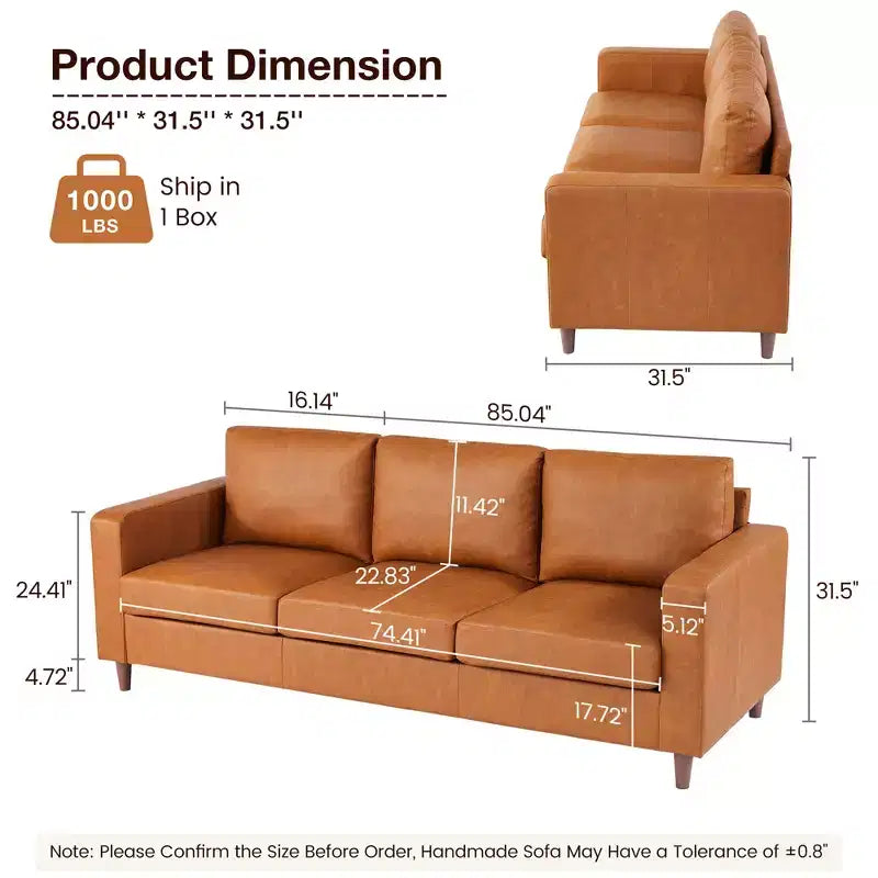 83 Inch Brown Leather Sofa - Mid-Century Modern Couch, 3-Seater Sofa with Armrests, Comfy Cushions, PU Deep Seat Sofa for Living Room, Bedroom