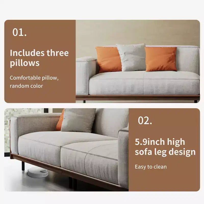 111.81 Extra-Long Solid Wood Mid-Century Light Gray Sofa, 4-Seater Cotton-Linen Couch with Walnut Accents & Washable Covers Gaoyangjiaju