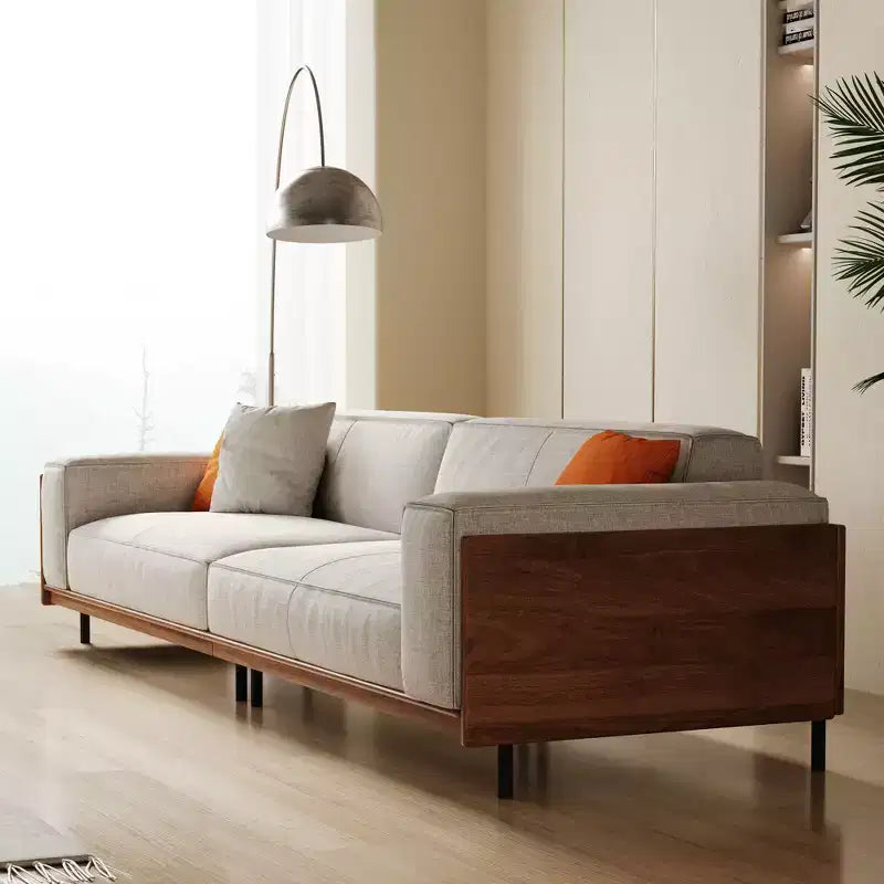 111.81 Extra-Long Solid Wood Mid-Century Light Gray Sofa, 4-Seater Cotton-Linen Couch with Walnut Accents & Washable Covers Gaoyangjiaju