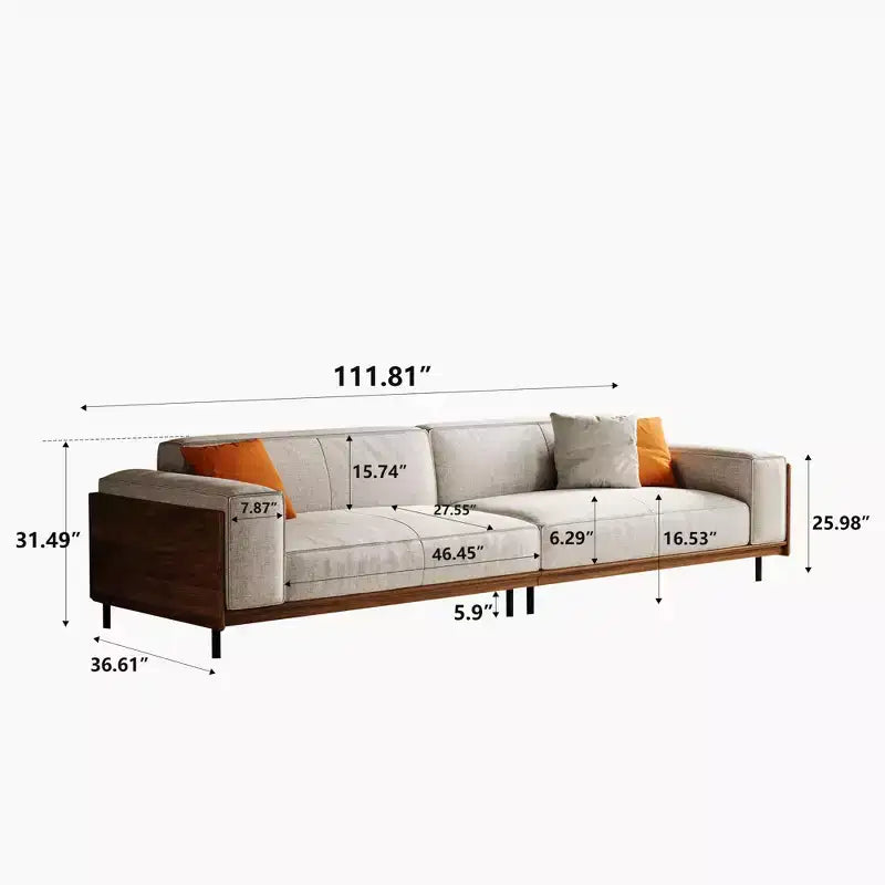 111.81 Extra-Long Solid Wood Mid-Century Light Gray Sofa, 4-Seater Cotton-Linen Couch with Walnut Accents & Washable Covers Gaoyangjiaju