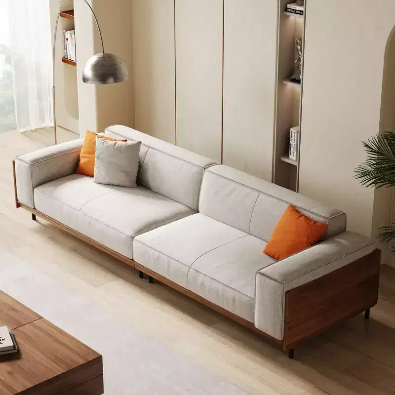 111.81 Extra-Long Solid Wood Mid-Century Light Gray Sofa, 4-Seater Cotton-Linen Couch with Walnut Accents & Washable Covers Gaoyangjiaju