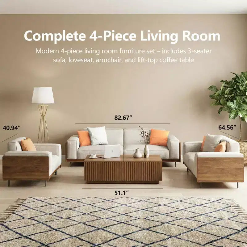 111.81 Extra-Long Solid Wood Mid-Century Light Gray Sofa, 4-Seater Cotton-Linen Couch with Walnut Accents & Washable Covers Gaoyangjiaju