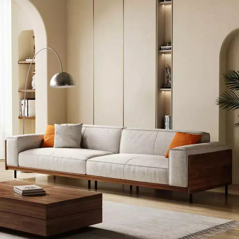 111.81 Extra-Long Solid Wood Mid-Century Light Gray Sofa, 4-Seater Cotton-Linen Couch with Walnut Accents & Washable Covers Gaoyangjiaju