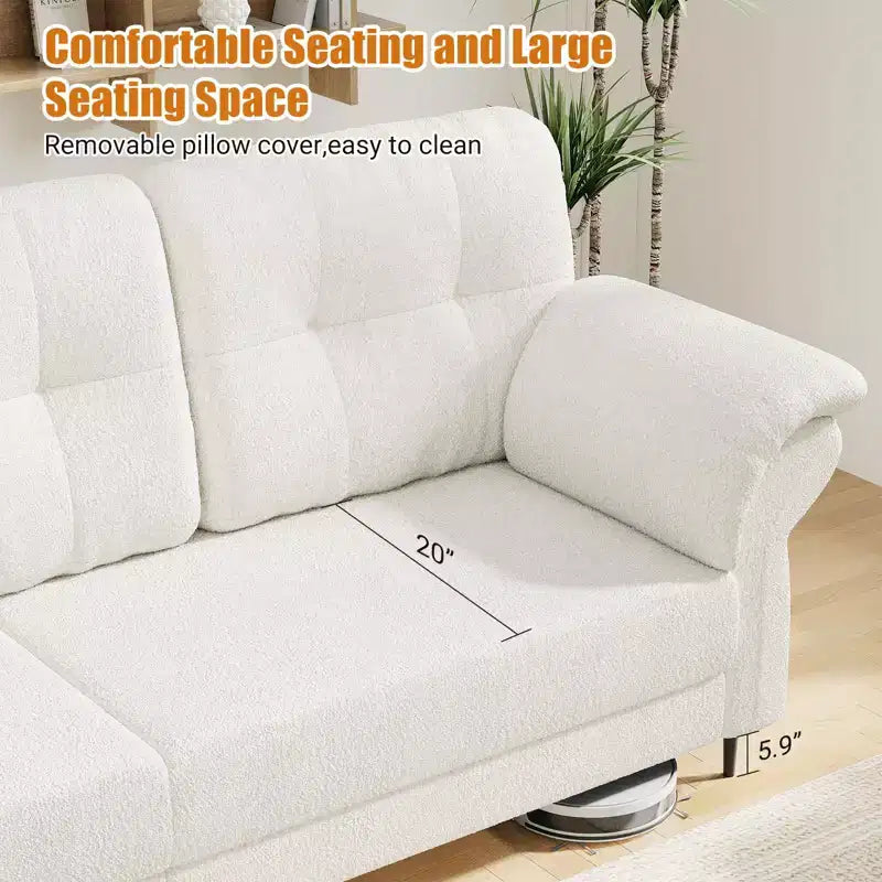 GustoWave 84'' Teddy Velvet Sofas for Living Room with Curved Armrests, Minimalist 3-seater Sofa with Convenient Side Pockets
