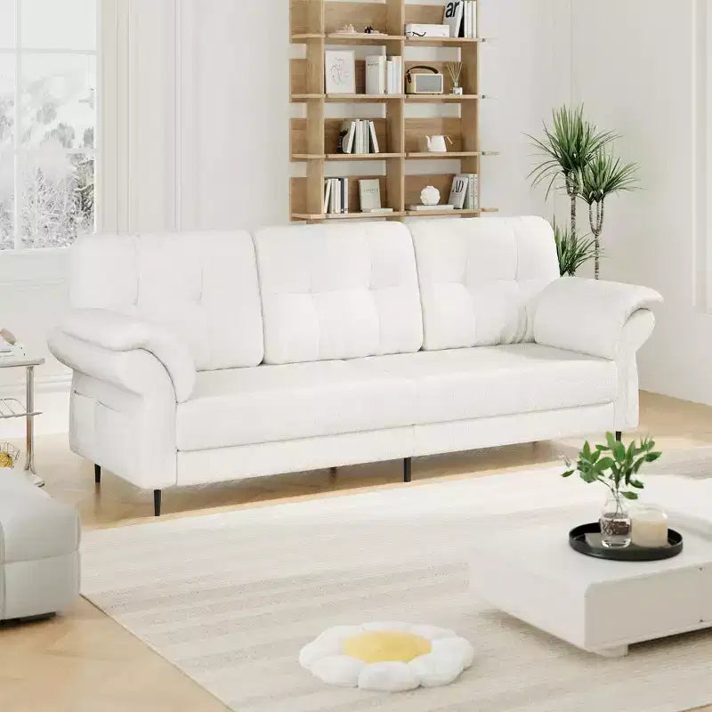 GustoWave 84'' Teddy Velvet Sofas for Living Room with Curved Armrests, Minimalist 3-seater Sofa with Convenient Side Pockets