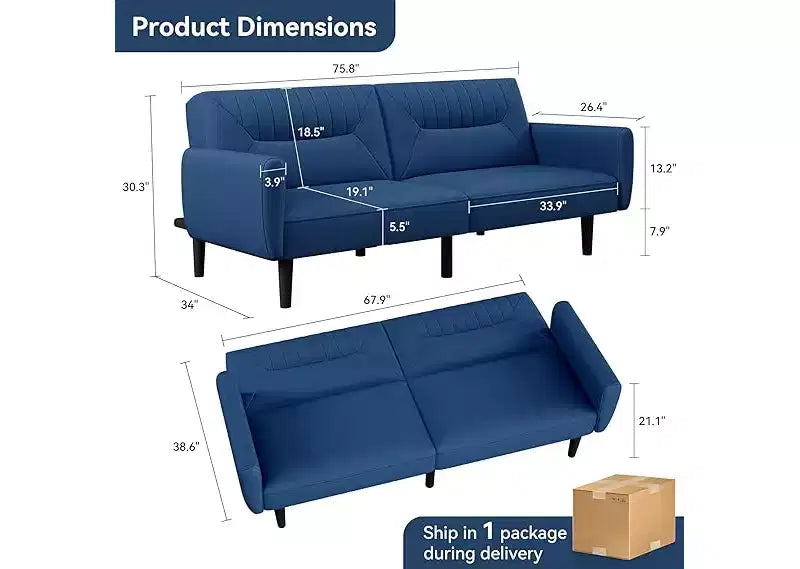Dyonery 75.8 Linen Fabric Comfy Futon Couch Bed,3 Seater Convertible Sleeper Sofa with Adjustable Backrests