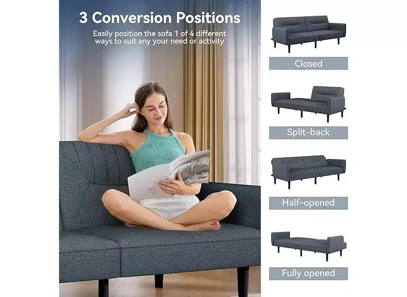 Dyonery 75.8 Linen Fabric Comfy Futon Couch Bed,3 Seater Convertible Sleeper Sofa with Adjustable Backrests