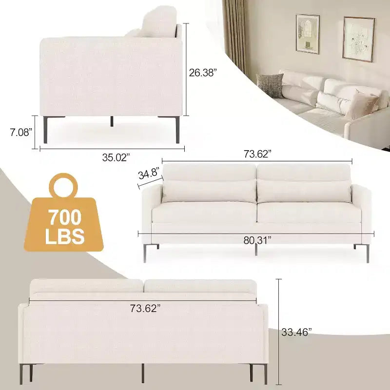 80 Inch 3 Seater Sofa with Extra Deep Seats, Sofa Couch for Living Room, Modern Couch and Sofa with Comfy Armrests and Seats and Backrests