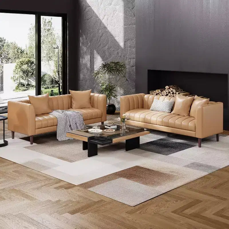 Canapé Acekool Modern 78 en Faux Cuir, 3 Places avec Assise Profonde, 2 Coussins Décoratifs, Pieds en Bois, Montage Facile, Marron
