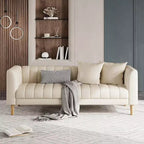 Canapé Acekool Modern 78 en Faux Cuir, 3 Places avec Assise Profonde, 2 Coussins Décoratifs, Pieds en Bois, Montage Facile, Marron
