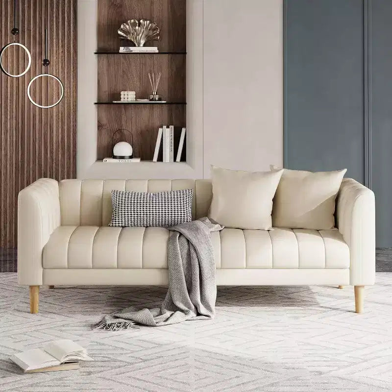 Canapé Acekool Modern 78 en Faux Cuir, 3 Places avec Assise Profonde, 2 Coussins Décoratifs, Pieds en Bois, Montage Facile, Marron