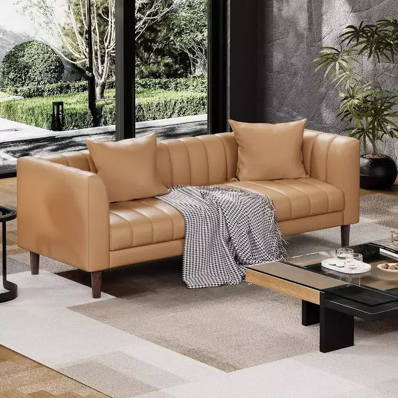 Acekool Modern 78 Faux Leather Sofa Couch, 3 Seater with Deep Seats, 2 Throw Pillows, Wood Legs, Easy Assembly, Brown