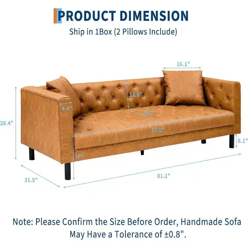 Acekool 81 Chesterfield Style Leather Sofa, 3-Seater Couch with Deep Tufted Seat and Ergonomic Back, Modern Cognac Tan for Living Room