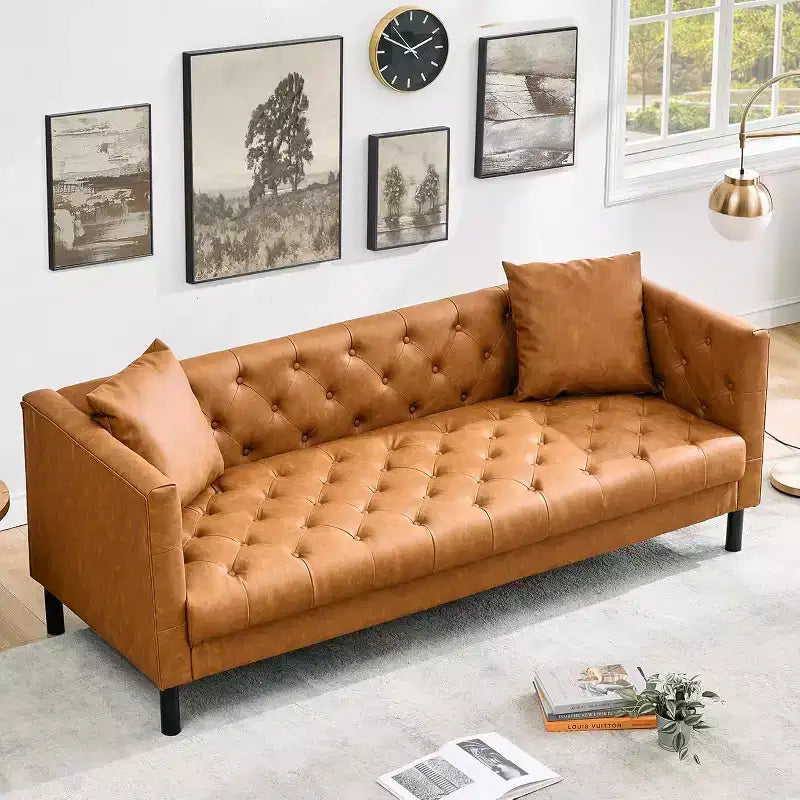 Acekool 81 Chesterfield Style Leather Sofa, 3-Seater Couch with Deep Tufted Seat and Ergonomic Back, Modern Cognac Tan for Living Room