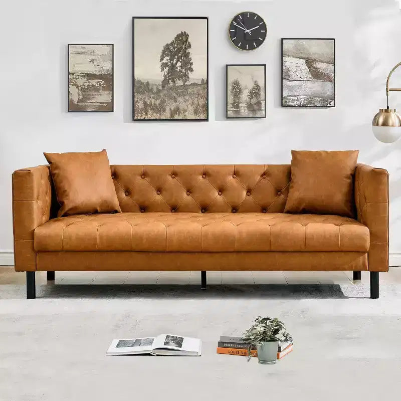 Acekool 81 Chesterfield Style Leather Sofa, 3-Seater Couch with Deep Tufted Seat and Ergonomic Back, Modern Cognac Tan for Living Room