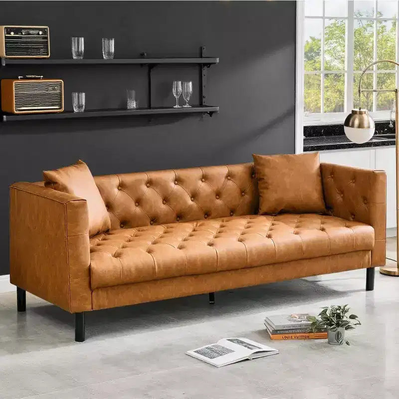 Acekool 81 Chesterfield Style Leather Sofa, 3-Seater Couch with Deep Tufted Seat and Ergonomic Back, Modern Cognac Tan for Living Room