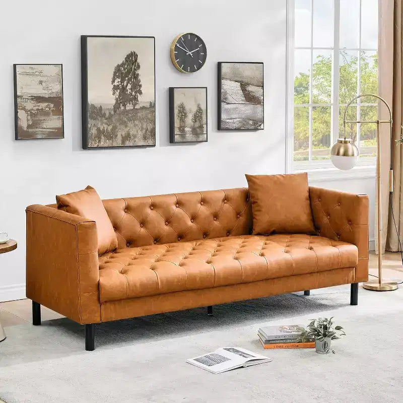 Acekool 81 Chesterfield Style Leather Sofa, 3-Seater Couch with Deep Tufted Seat and Ergonomic Back, Modern Cognac Tan for Living Room