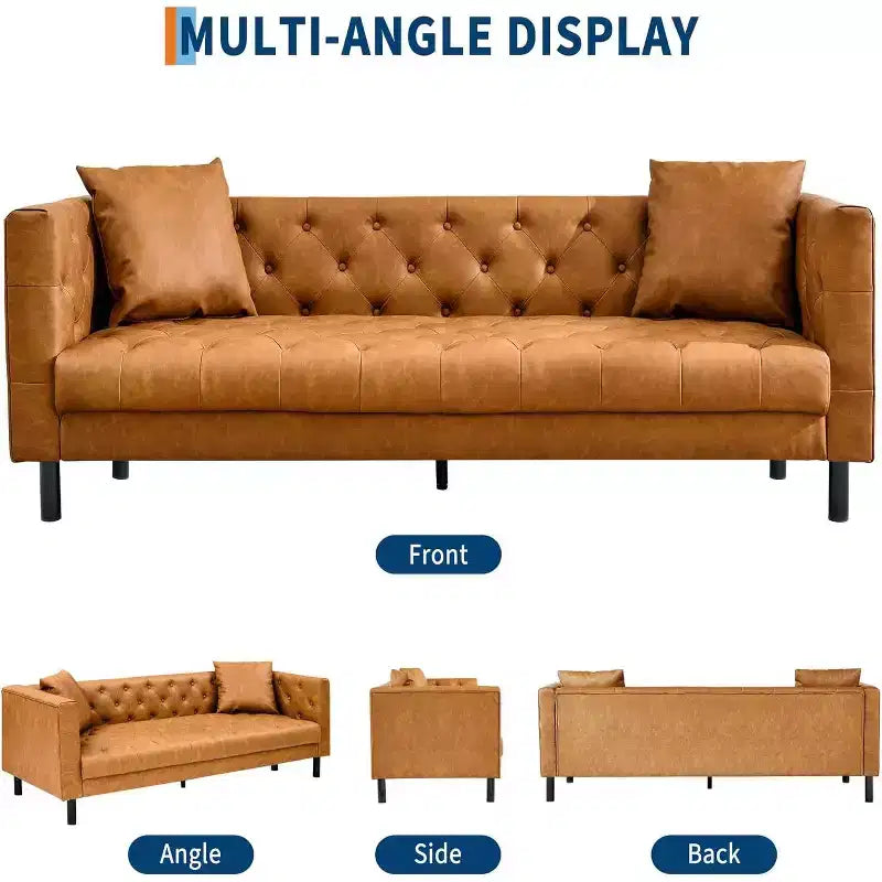 Acekool 81 Chesterfield Style Leather Sofa, 3-Seater Couch with Deep Tufted Seat and Ergonomic Back, Modern Cognac Tan for Living Room
