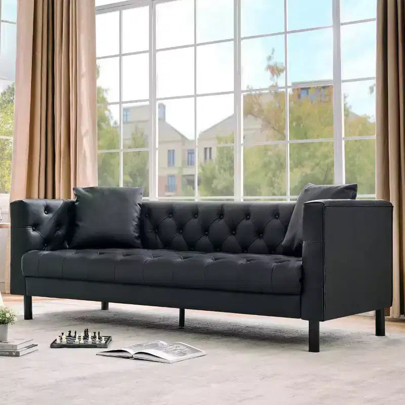 Acekool 81 Chesterfield Style Leather Sofa, 3-Seater Couch with Deep Tufted Seat and Ergonomic Back, Modern Cognac Tan for Living Room