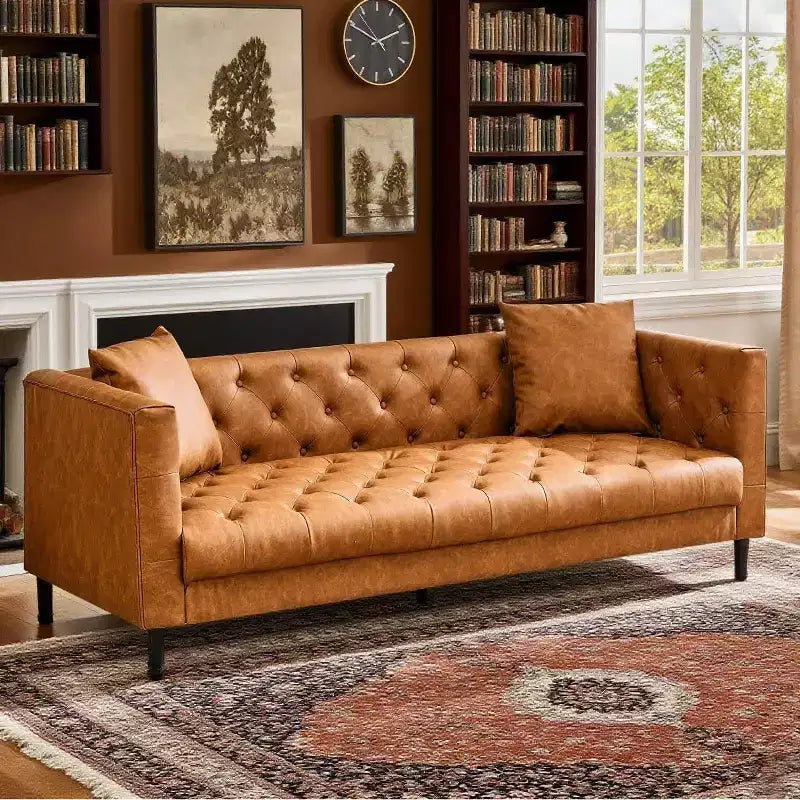 Acekool 81 Chesterfield Style Leather Sofa, 3-Seater Couch with Deep Tufted Seat and Ergonomic Back, Modern Cognac Tan for Living Room