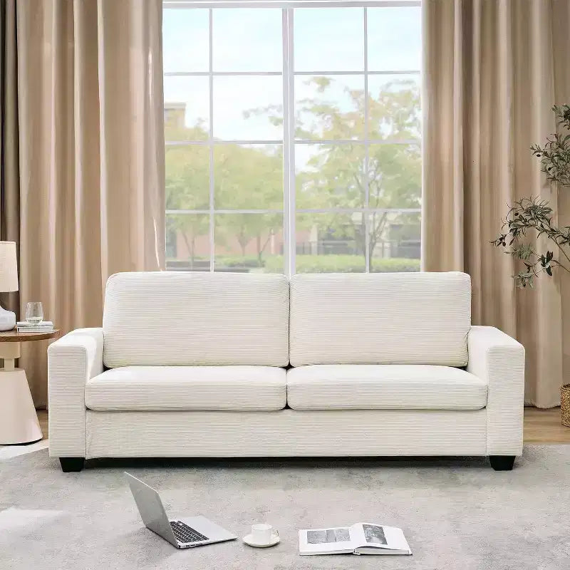 Canapé 3 places en velours côtelé Acekool 83, canapé moderne à assise profonde avec de larges accoudoirs, coussins moelleux, beige, pour salon ou appartement, beige