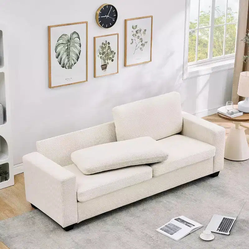 Canapé 3 places en velours côtelé Acekool 83, canapé moderne à assise profonde avec de larges accoudoirs, coussins moelleux, beige, pour salon ou appartement, beige