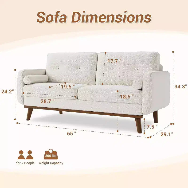 Acekool 65 Mid Century Modern Loveseat, Deep Seat Linen Sofa Couch for Living Room, Bedroom, Small Space, 2-Seater, Beige
