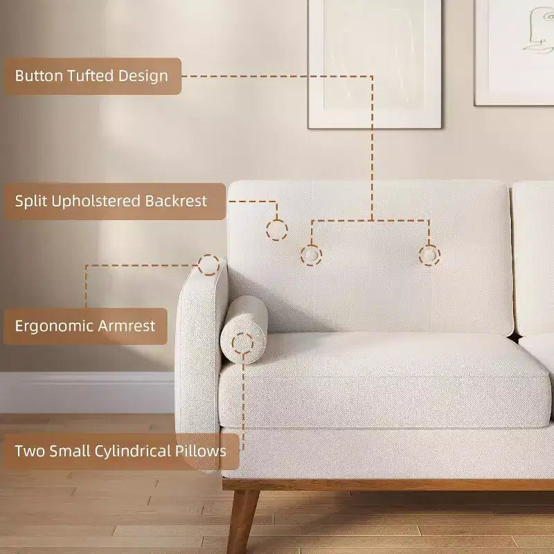 Acekool 65 Mid Century Modern Loveseat, Deep Seat Linen Sofa Couch for Living Room, Bedroom, Small Space, 2-Seater, Beige