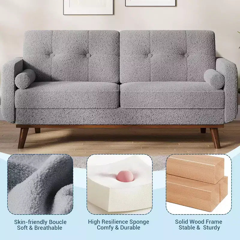 Acekool 65 Mid Century Modern Loveseat, Deep Seat Linen Sofa Couch for Living Room, Bedroom, Small Space, 2-Seater, Beige
