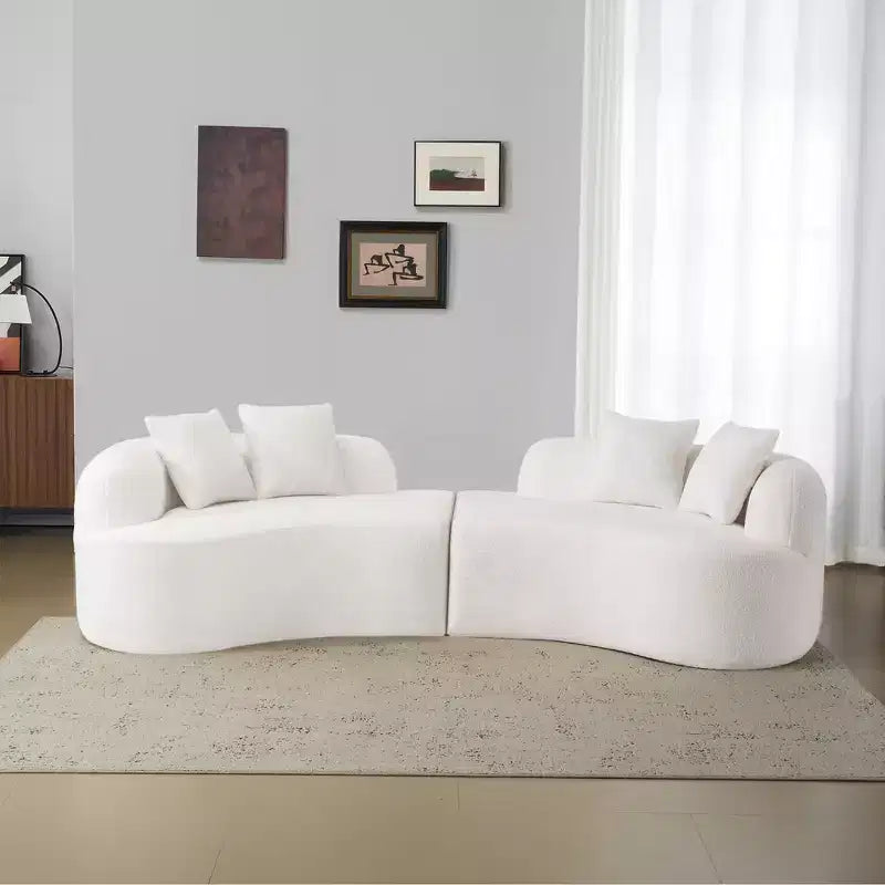 Curved Four Seater Full Compression Sponge Sofa, Teddy Velvet Fabric, No-Assembly Compact Sofa for Small Spaces & Apartments