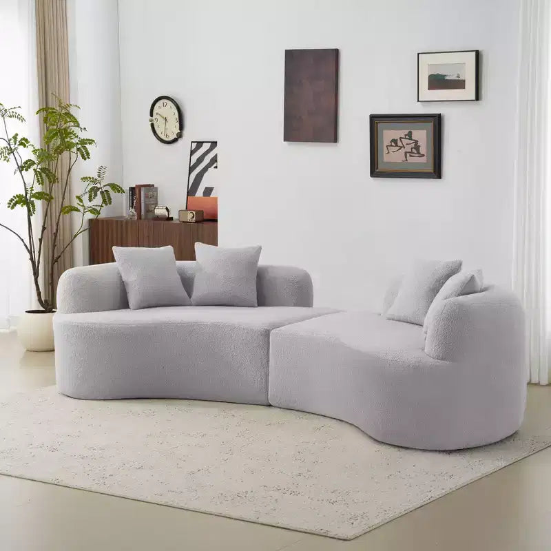 Curved Four Seater Full Compression Sponge Sofa, Teddy Velvet Fabric, No-Assembly Compact Sofa for Small Spaces & Apartments
